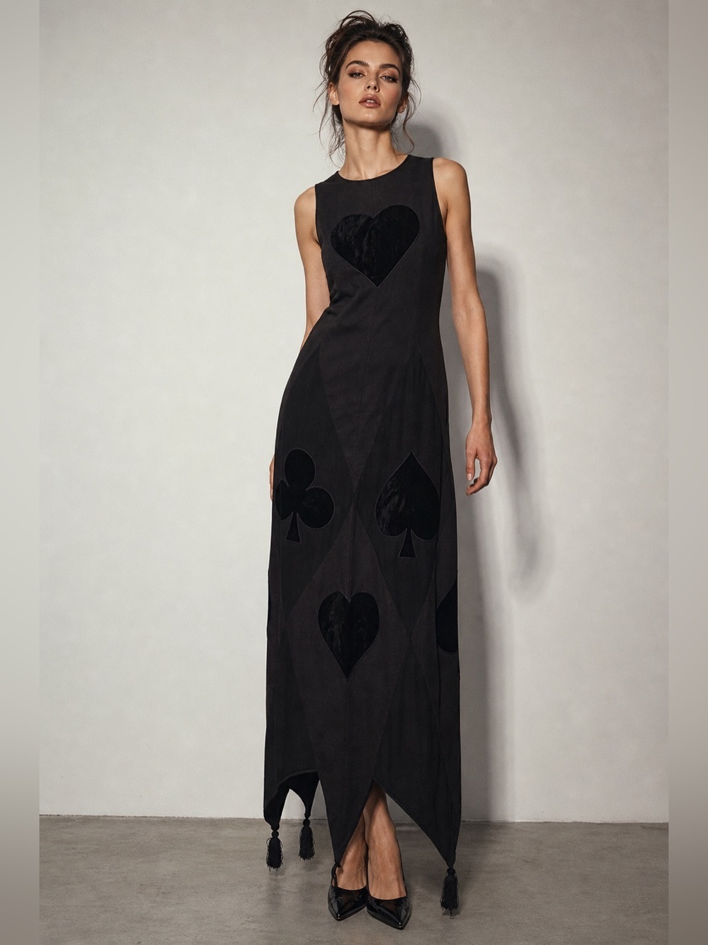 Vintage 90s Moschino Cheap & Chic Playing Card Dress Black Velvet Appliqué